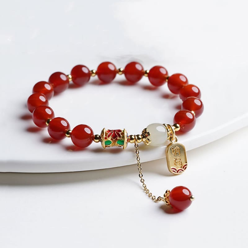 Buddha Stones Naturalny Czerwony Agat Hetian Jade Fu Charakter Pewność Bransoletka Charm