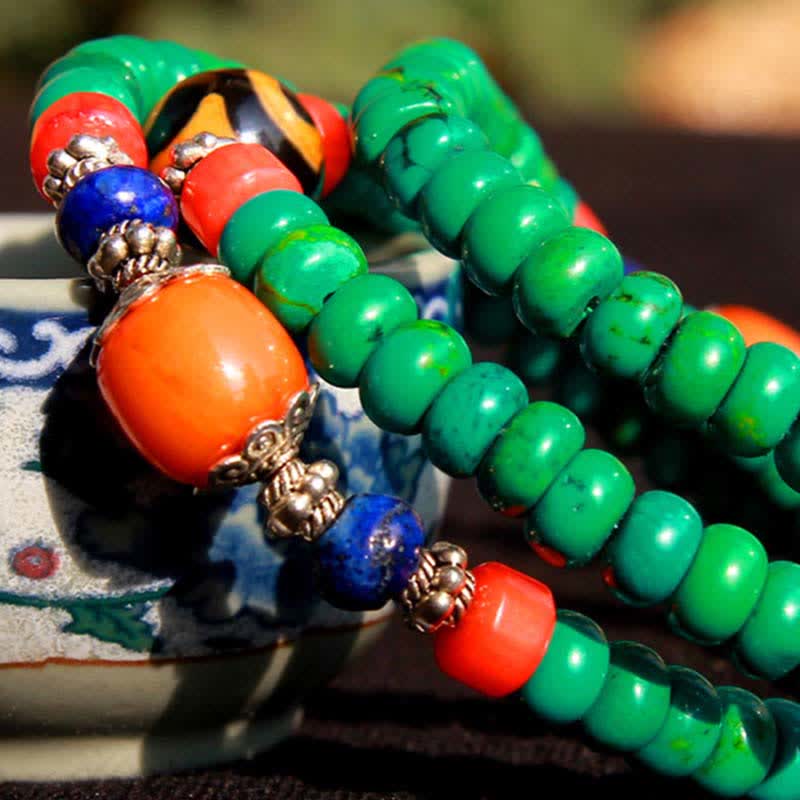 Buddha Stones 108 Mala Koraliki Tybetański Turkus Dzi Koraliki Ochrona Bransoletka