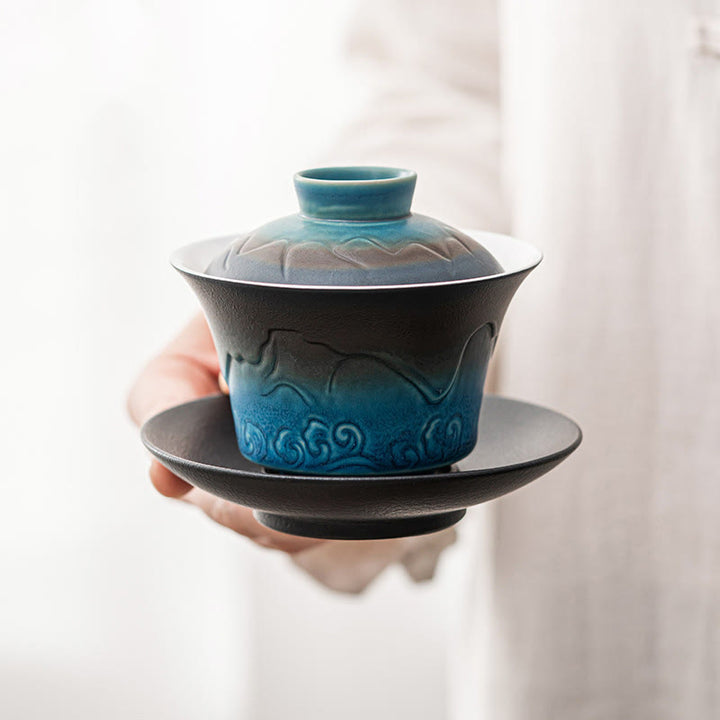 Buddha Stones Retro Niebieski Ocean Fale Morskie Gradient Ceramiczny Gaiwan Sancai Filiżanka Kung Fu Filiżanka I Spodek Z Pokrywką