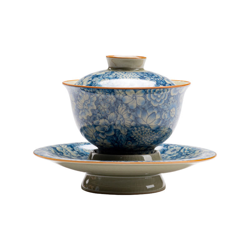 Buddha Stones Vintage Niebieski I Biały Porcelana Brzoskwiniowy Kwiat Lotosu Piwonia Ceramiczny Gaiwan Sancai Filiżanka Kung Fu Filiżanka Do Herbaty I Spodek Z Pokrywką - image 9