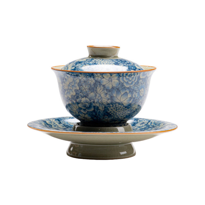 Buddha Stones Vintage Niebieski I Biały Porcelana Brzoskwiniowy Kwiat Lotosu Piwonia Ceramiczny Gaiwan Sancai Filiżanka Kung Fu Filiżanka Do Herbaty I Spodek Z Pokrywką - image 9