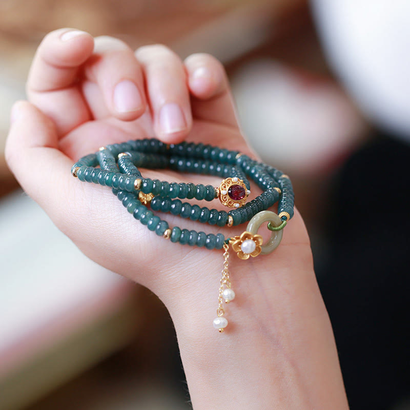 Buddha Stones 925 Srebro próby 925 Pozłacane Cyan Jade Flower Peace Buckle Bransoletka Success Triple Wrap