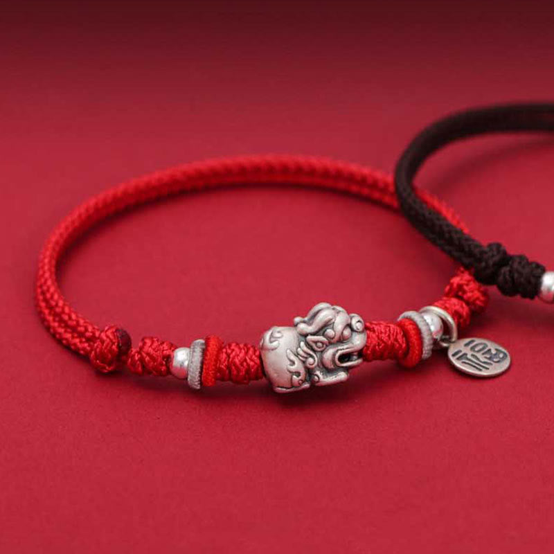 Buddha Stones 925 Srebro Sterlingowe PiXiu Fu Charakter Bogactwo Szczęście Ręcznie Pleciona Bransoletka