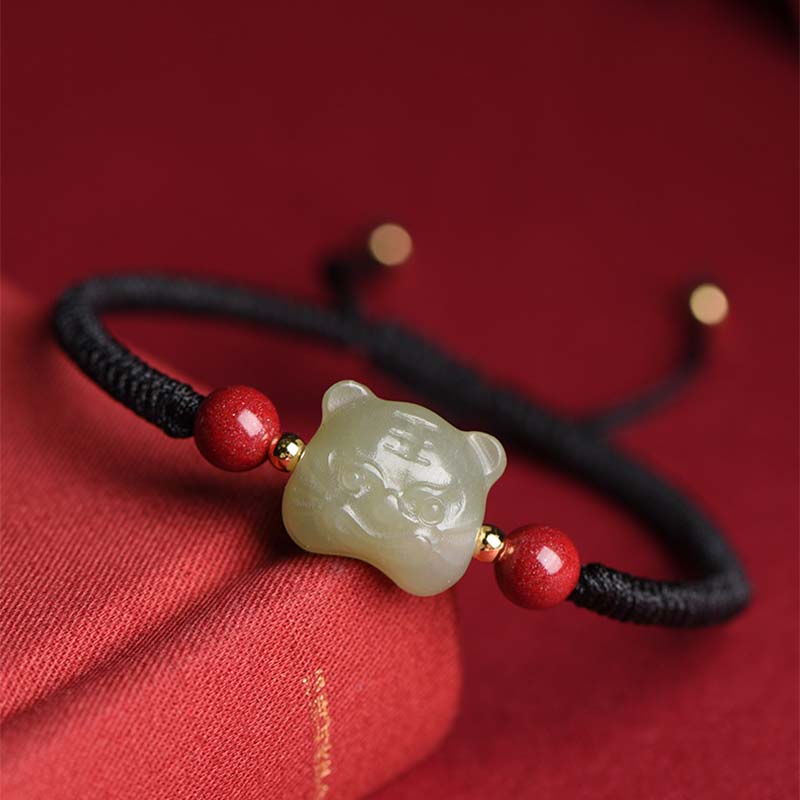 Bransoletka z jadeitu i cynobru z Buddha Stones, szczęście, tygrys