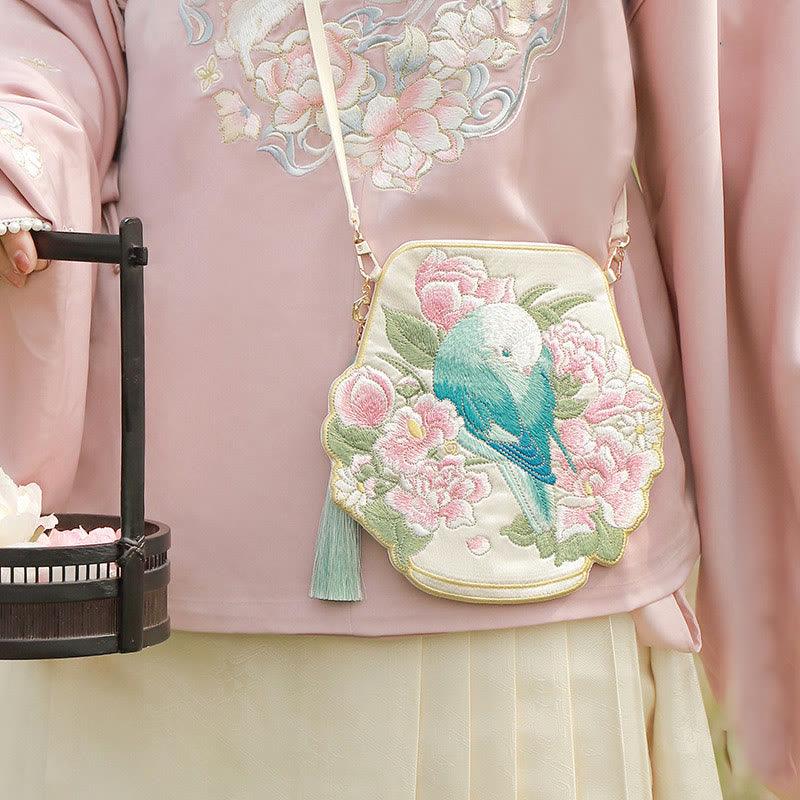 Buddha Stones Szczęście Haft Lotos Koi Ryba Królik Kwiat Hanfu Torba Crossbody Torba na Ramię - Kwiaty ptaków wiosennych - image 17