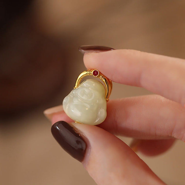 Buddha Stones 925 Srebro Sterling Naturalny Hetian Jade Śmiejący się Budda Obfitość Naszyjnik Łańcuch Wisiorek
