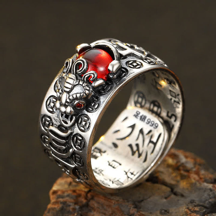 Buddha Stones FengShui PiXiu Czerwony Granat Serce Sutra Pierścień Bogactwa