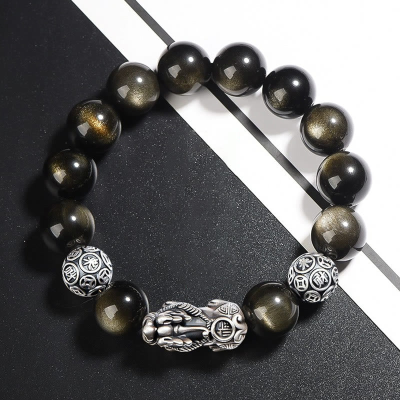 Buddha Stones 925 Srebro Sterling Naturalny Złoty Połysk Obsydian PiXiu Bransoletka Ochrony Bogactwa