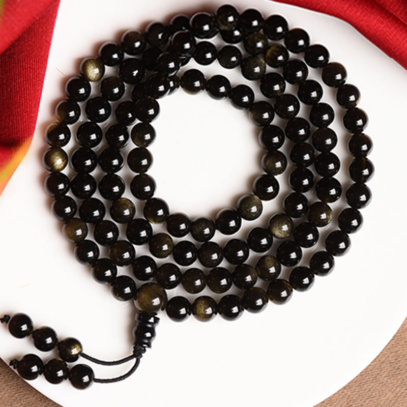 Buddha Stones 108 Mala Beads Naturalny Złoty Połysk Obsydian Bransoletka Bogactwa