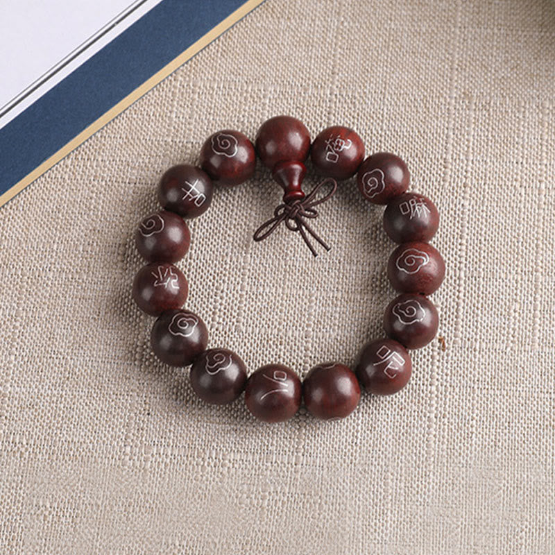 Buddha Stones 925 Srebro Inkrustowane Małymi Liśćmi Czerwonego Sandału Om Mani Padme Hum Charakter Pomyślne Chmury Bransoletka Ochronna