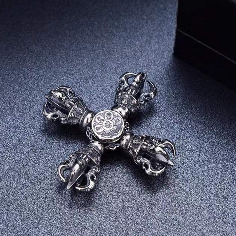 Buddha Stones Tybetańskie 925 Srebro Podwójne Dorje Wadżra Grawerowane Wisiorki Mocy Duchowej