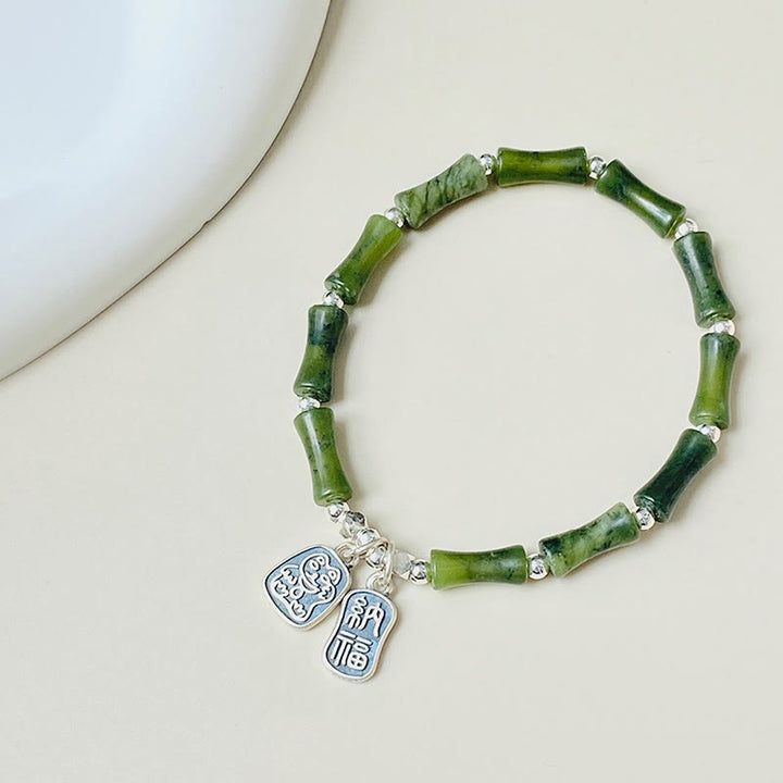 Buddha Stones 925 Srebro Sterlingowe Bambus Jade Lucky Cat Fu Character Luck Abundance Bransoletka - image 8