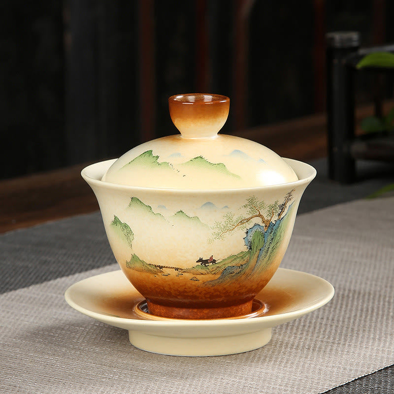 Buddha Stones Górski Krajobraz Wiejski Ceramiczny Gaiwan Sancai Filiżanka Kung Fu Filiżanka I Spodek Z Pokrywką - 11 cm*10 cm*100-130 ml - image 0