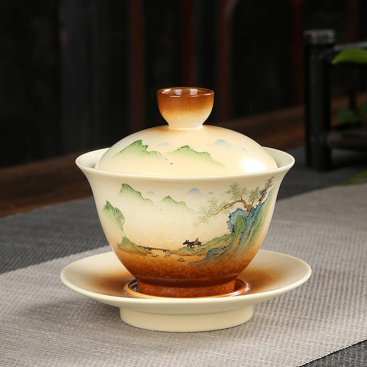 Buddha Stones Górski Krajobraz Wiejski Ceramiczny Gaiwan Sancai Filiżanka Kung Fu Filiżanka I Spodek Z Pokrywką - 11 cm*10 cm*100-130 ml - image 0