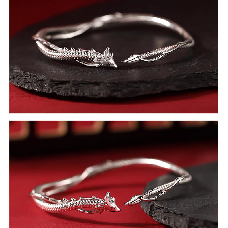 Buddha Stones 925 Srebro Sterlingowe Rok Smoka Projekt Szczęścia Metalowa Bransoletka Mankietowa Bangle