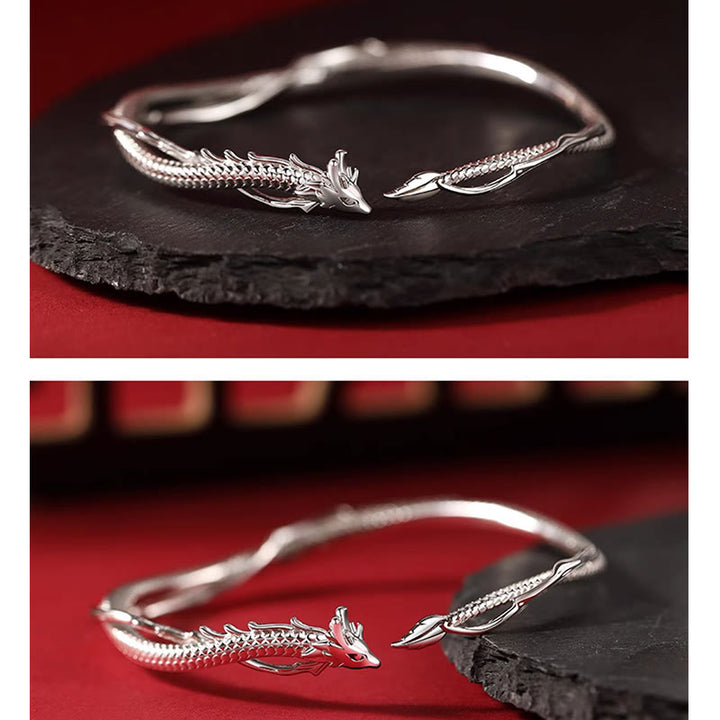 Buddha Stones 925 Srebro Sterlingowe Rok Smoka Projekt Szczęścia Metalowa Bransoletka Mankietowa Bangle