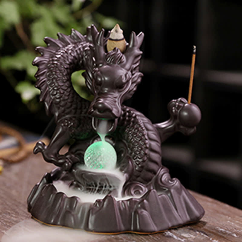 Buddha Stones Pomyślny Smok Ceramiczny Dym Fontanna Medytacja Uzdrawiający Kadzidło Palnik Dekoracja Kula Led