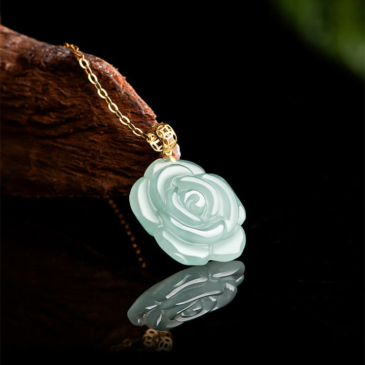 Buddha Stones 18K Złoto 925 Srebro Naturalny Jade Róża Szczęście Naszyjnik Wisiorek