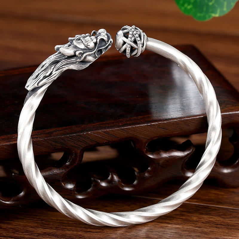 Buddha Stones 999 Srebro Sterling Rok Smoka Szczęście Siła Metalowa Bransoletka Mankietowa Bangle