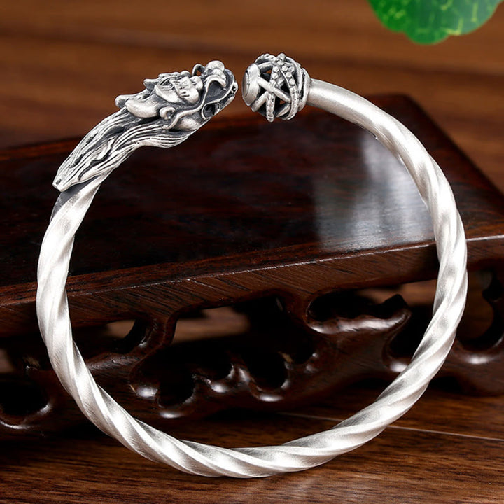 Buddha Stones 999 Srebro Sterling Rok Smoka Szczęście Siła Metalowa Bransoletka Mankietowa Bangle