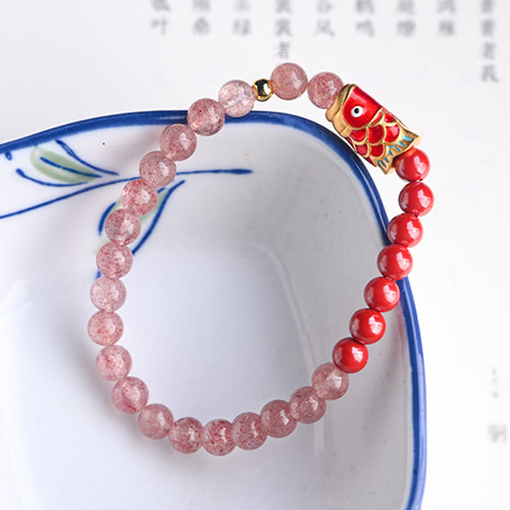 Buddha Stones Naturalny Kwarc Truskawkowy Cynober Lucky Koi Fish Healing Bransoletka