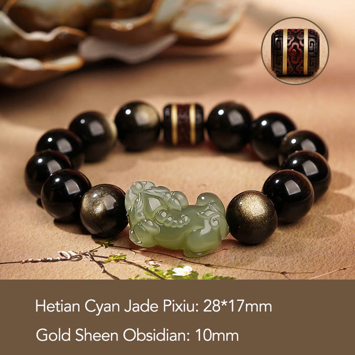 Buddha Stones Naturalny Złoty Połysk Obsydian Hetian Cyjan Jadeit Biały Jadeit Bransoletka PiXiu Wealth