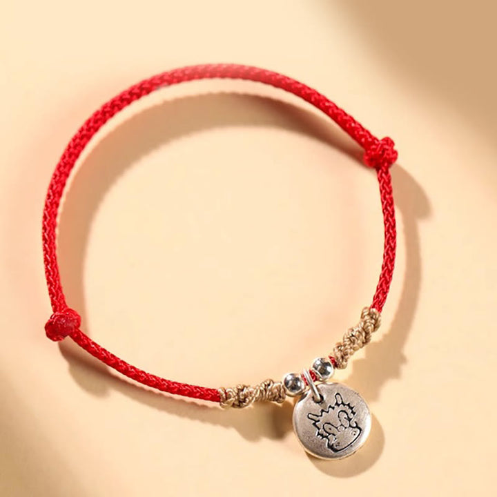 Buddha Stones Ręcznie robione 999 Srebro Sterling Rok Smoka Uroczy Chiński Zodiak Szczęście Pleciona Bransoletka