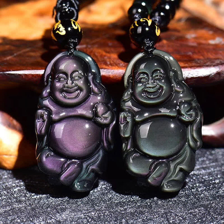 Naturalny tęczowy obsydianowy naszyjnik z wisiorkiem „Śmiejący się Budda” - Tęczowy obsydian i sznur koralików - image 1