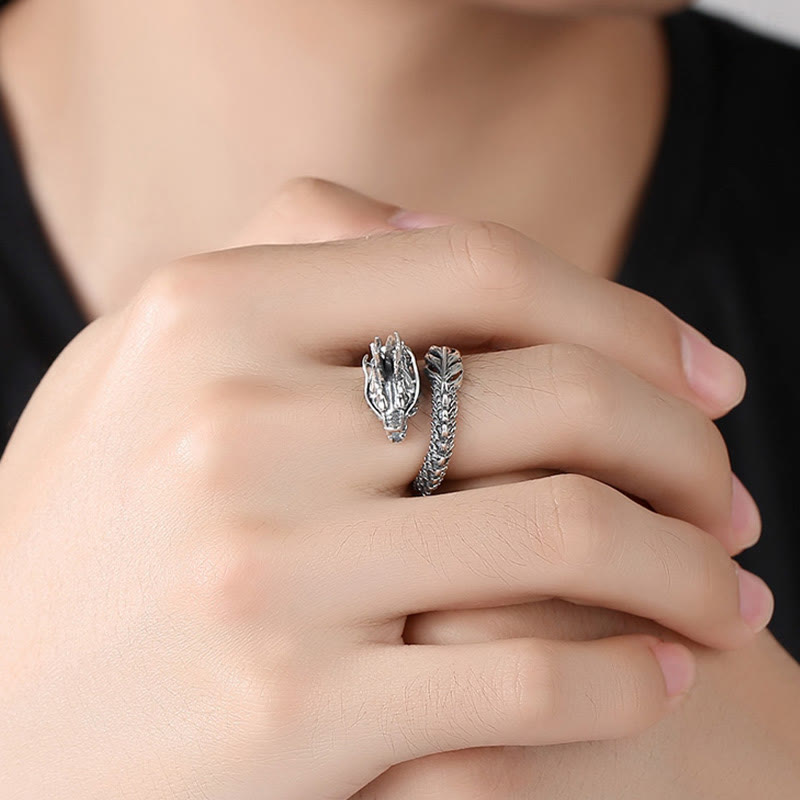 Buddha Stones 925 Srebro Sterlingowe Vintage Dragon Sukces Ochrona Siła Regulowany Pierścień - image 7