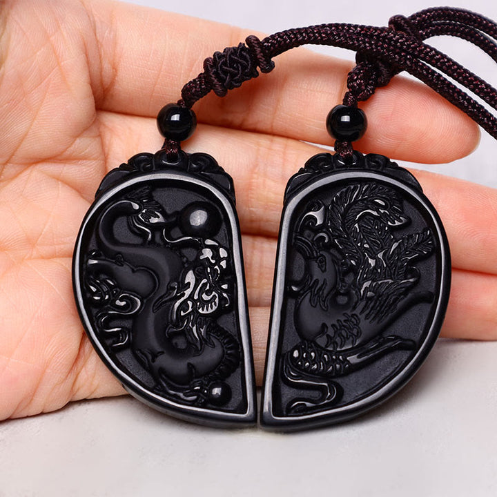Buddha Stones Czarny Obsydian Miłość Smok Feniks Ochrona Naszyjnik Wisiorek - image 3