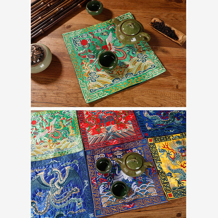 Buddha Stones Feniks Smok Kirin Haftowana Podkładka Pod Kubek Pod Kubek Pod Herbatę Kwadratowa Mata Pod Herbatę Kung Fu