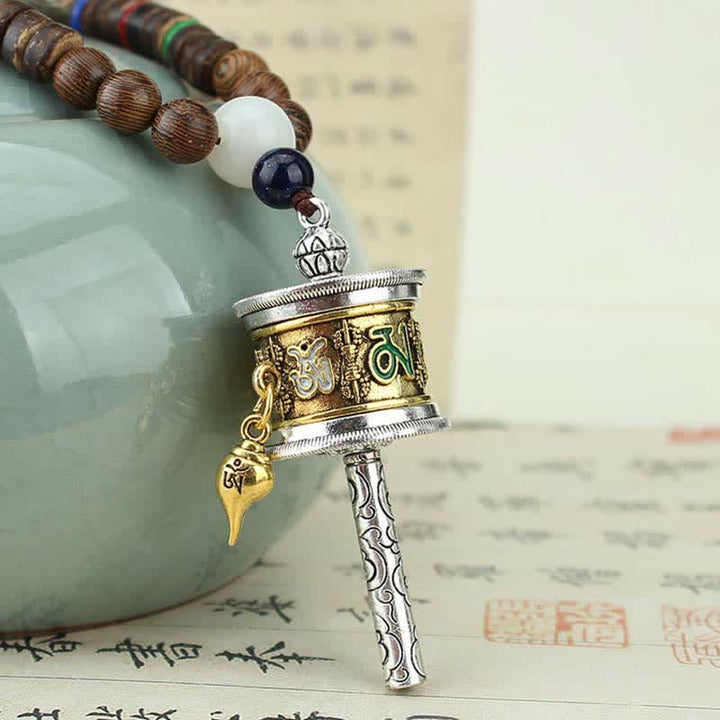 Buddha Stones Tybetańskie Om Mani Padme Hum Modlitewne Koło Obrotowe Naszyjnik Wisiorek z Drewna Vajra - image 2