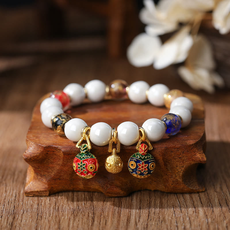 Buddha Stones Złoty Połykający Bestia Rodzina Charm Liuli Szkło Kolorowa Porcelanowa Koralik Bransoletka Szczęścia