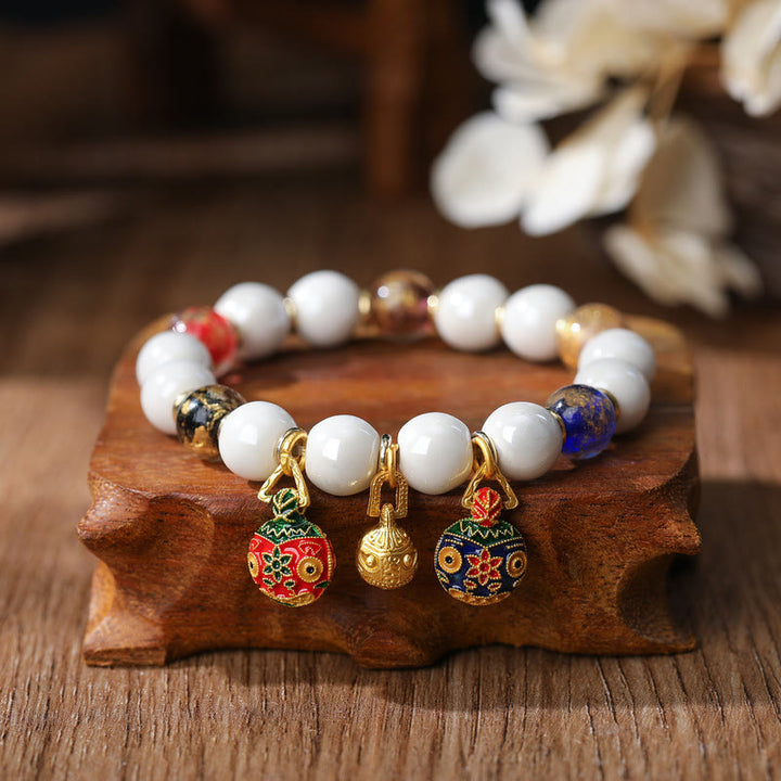 Buddha Stones Złoty Połykający Bestia Rodzina Charm Liuli Szkło Kolorowa Porcelanowa Koralik Bransoletka Szczęścia