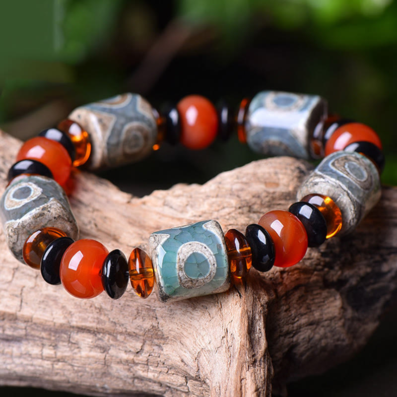 Buddha Stones Tybetańskie Trójoczne Dzi Koraliki Agat Ochrona Bransoletka Szczęścia