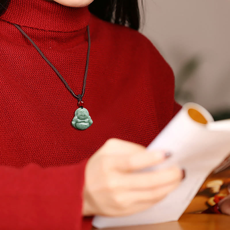 Buddha Stones Naturalny Zielony Jadeit Śmiejący Się Budda Szczęście Obfitość Naszyjnik Wisiorek