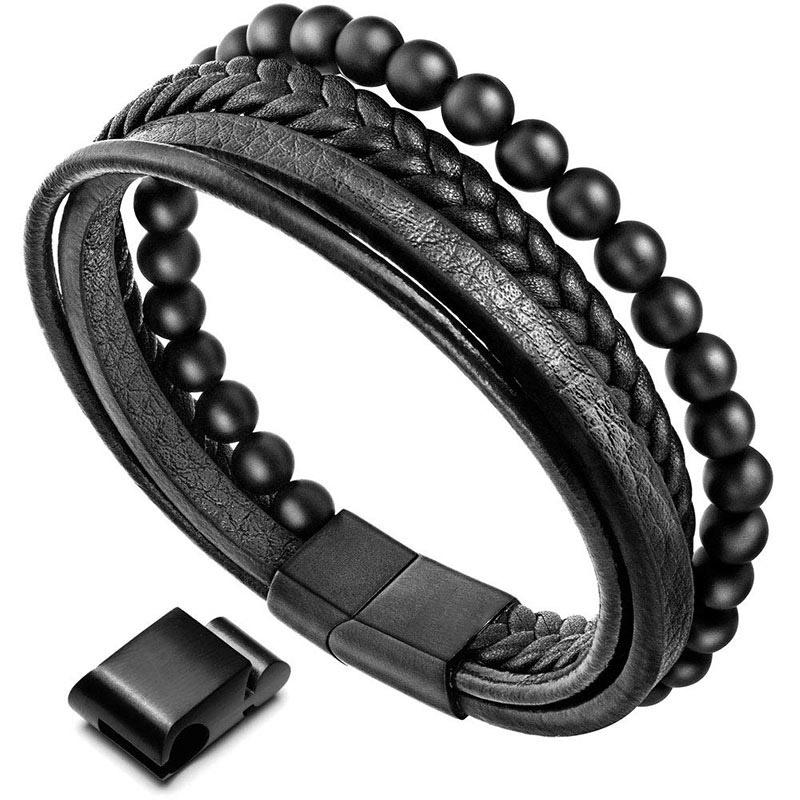 Bransoletka skórzana z Buddha Stones Natural Lava Rock Black Onyx Bead