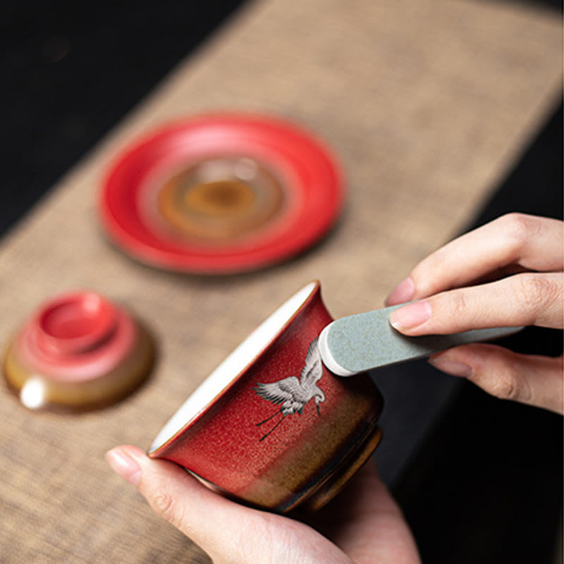 Buddha Stones Czerwony Pomyślny Żuraw Ceramiczny Gaiwan Sancai Filiżanka Kung Fu Filiżanka I Spodek Z Pokrywką