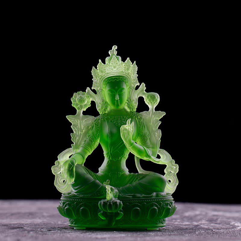 Buddha Stones Bodhisattwa Zielona Tara Ręcznie Robione Liuli Kryształowe Dzieło Sztuki Ochrona Domu Biuro Statua Dekoracja - 8*6*12,8 cm - Zielona Tara - image 1