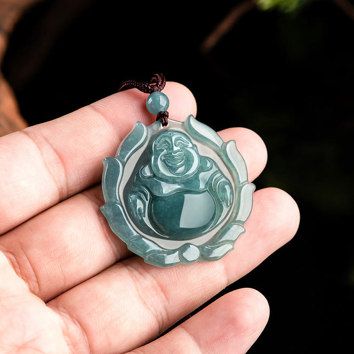 Buddha Stones Naturalny Jadeit Śmiejący Się Budda Wzór Lotosu Naszyjnik Szczęście Wisiorek - image 4