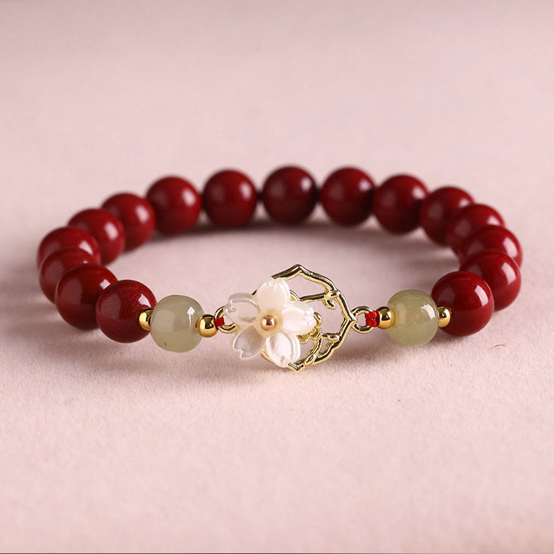Buddha Stones Naturalny Jadeit Cynobrowy Koralikowy Bransoletka z Kwiatem Błogosławieństwa Tridacna Stone
