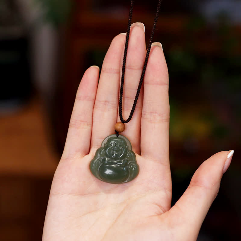 Śmiejący się Budda Hetian Jade Healing Calm Naszyjnik Wisiorek Sznurkowy - image 2