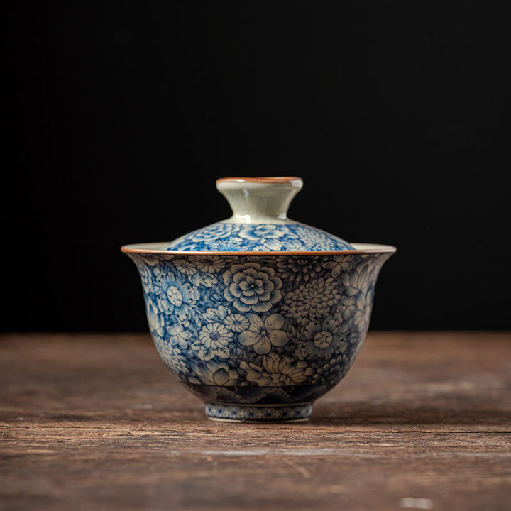 Buddha Stones Vintage Niebieski I Biały Porcelana Brzoskwiniowy Kwiat Lotosu Piwonia Ceramiczny Gaiwan Sancai Filiżanka Kung Fu Filiżanka Do Herbaty I Spodek Z Pokrywką - 10 cm*9 cm*160 ml - image 12