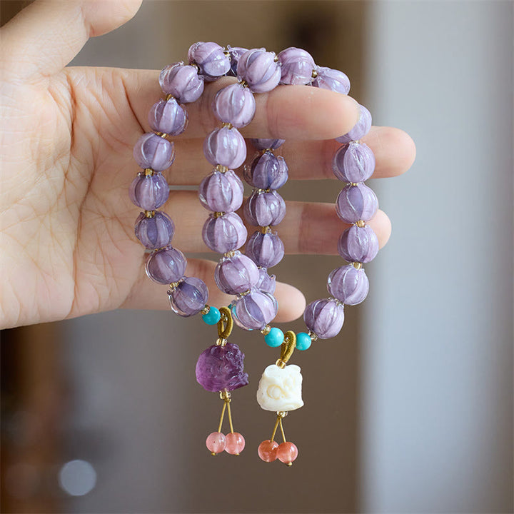 Buddha Stones Liuli Szklane Koraliki Lotos Projekt Fluoryt Kość Słoniowa Owoc Tańczący Lew Charm Bransoletka Oświecenia