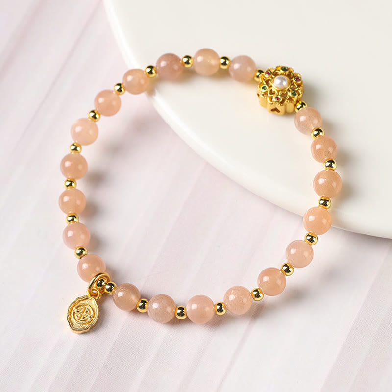 Buddha Stones 14K pozłacane Naturalny Kwarc Truskawkowy Labradoryt Kamień Słoneczny Fu Charakter Pozytywny Charm Bransoletka