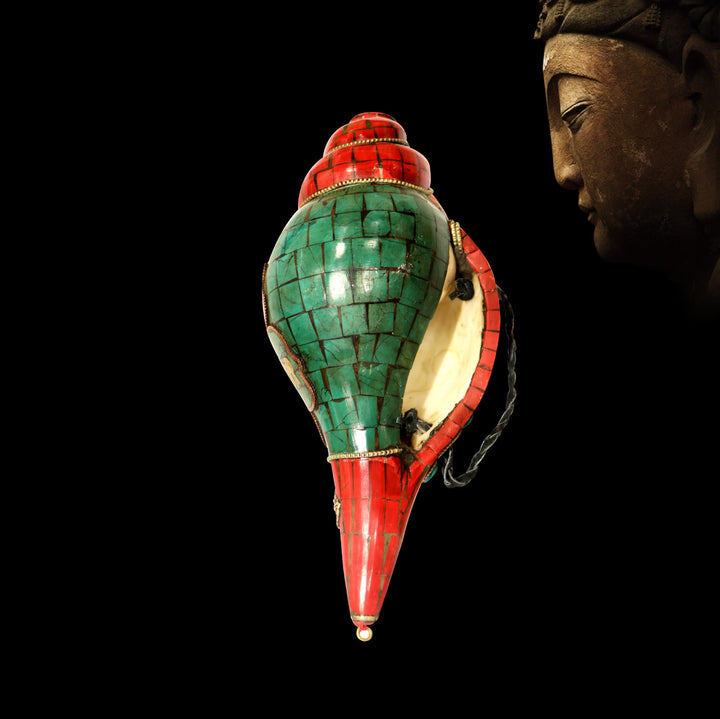 Tybetańska, ręcznie robiona Shankha Om Mani Padme Hum Budda Muszla Muszla Przynosząca szczęście dekoracja - image 12
