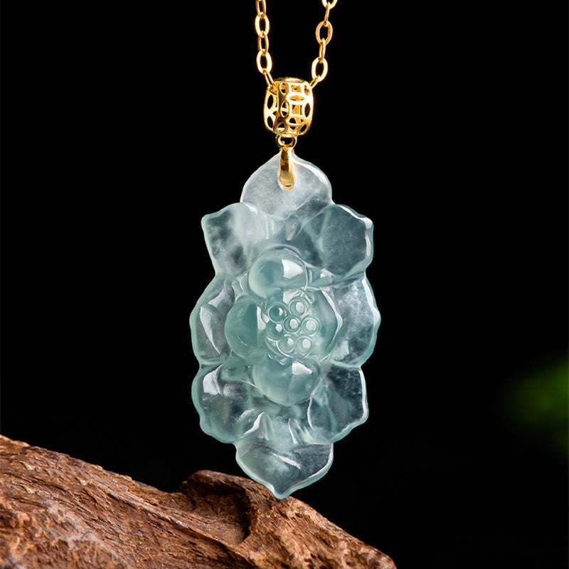 Buddha Stones 18K Złoto Naturalny Jadeit Wzór Lotosu Naszyjnik Wisiorek Dobrobyt - image 7