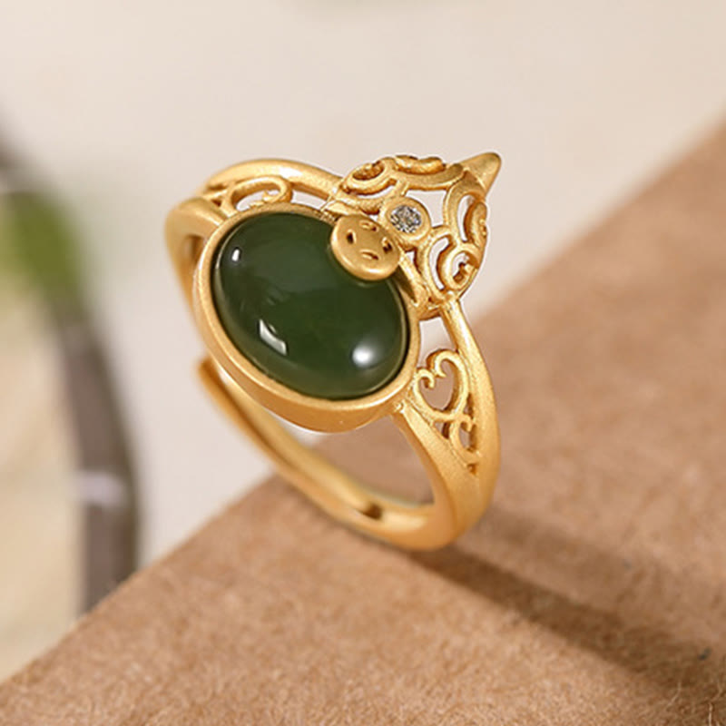 Buddha Stones Tykwa Cyjan Jade Miedź Moneta Sukces Szczęście Regulowany Pierścień