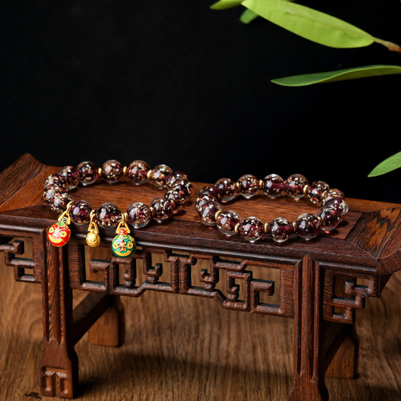 Buddha Stones Złoty Połykający Bestia Rodzina Charm Świecący Fluorescencyjny Liuli Szklany Koralik Bransoletka Sukcesu