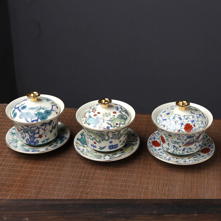 Buddha Stones Retro Śliwkowy Kwiat Sosna Bambus Feniks Kirin Ceramiczny Gaiwan Sancai Filiżanka do herbaty Kung Fu Filiżanka do herbaty i spodek z pokrywką